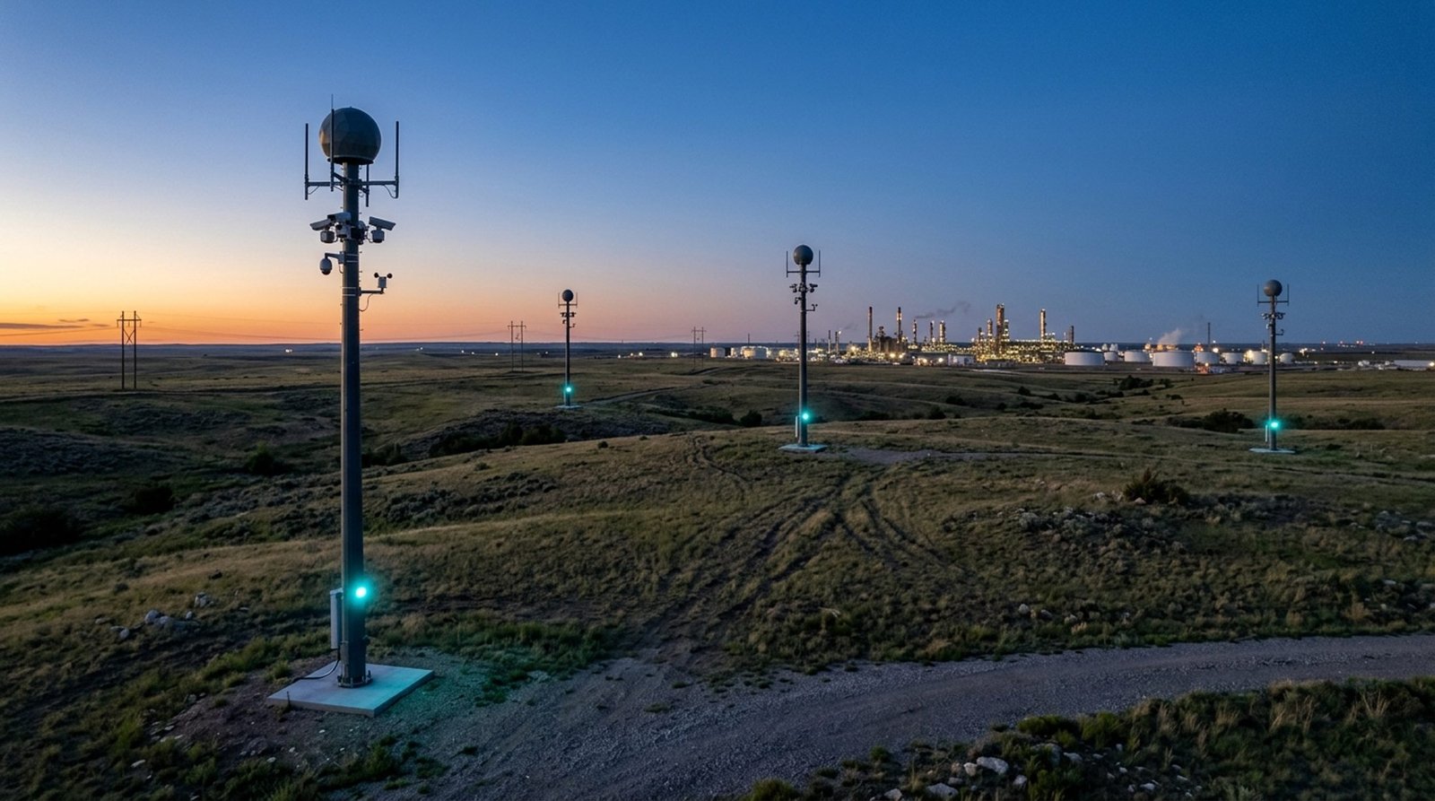 Neura Station mesh perimeter protecting an industrial facility at dusk